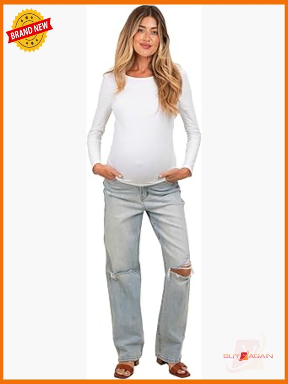 Maternity Jeans - Open Knee Straight Leg Relaxed Fit Pull On